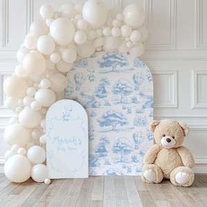 Blauer Toile de Jouy Teddybär-Party Hintergrund | 4 x 8 Ft Sofortiger Download | Kindergeburtstag & Babyparty