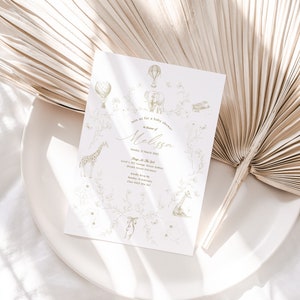 Toile De Jouy Safari Beige Baby Shower Einladung| Einladungen zur Babyparty| Druckbare Einladungen