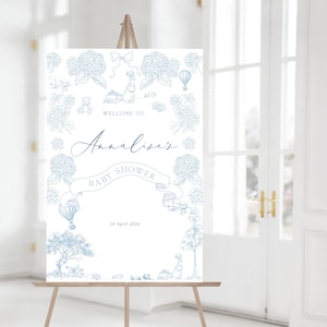 Letrero de bienvenida para baby shower azul vintage / Letrero azul para baby shower / Diseño Toile de Jouy