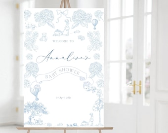 Vintage Blue Baby Shower Welcome Sign | Blue baby shower sign | Toile de Jouy design