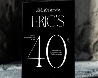Invitación moderna para 40 cumpleaños / Blanco y negro / Plantilla editable / 13 x 18 cm o digital para teléfono