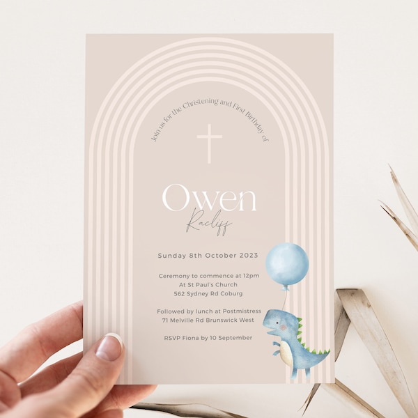 Christening and First Birthday Dino Theme Invitation | Baptism and 1st Birthday | Arch Invitations | Printable Template | Cute Dinosaur