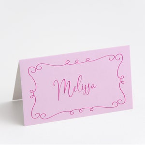 Curly pink bridal shower placecard | Name card | Wavy hand drawn border