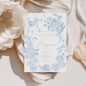 Cherub Flower Garden Baby Shower Invitation | Vintage Design | Blue Baby Shower