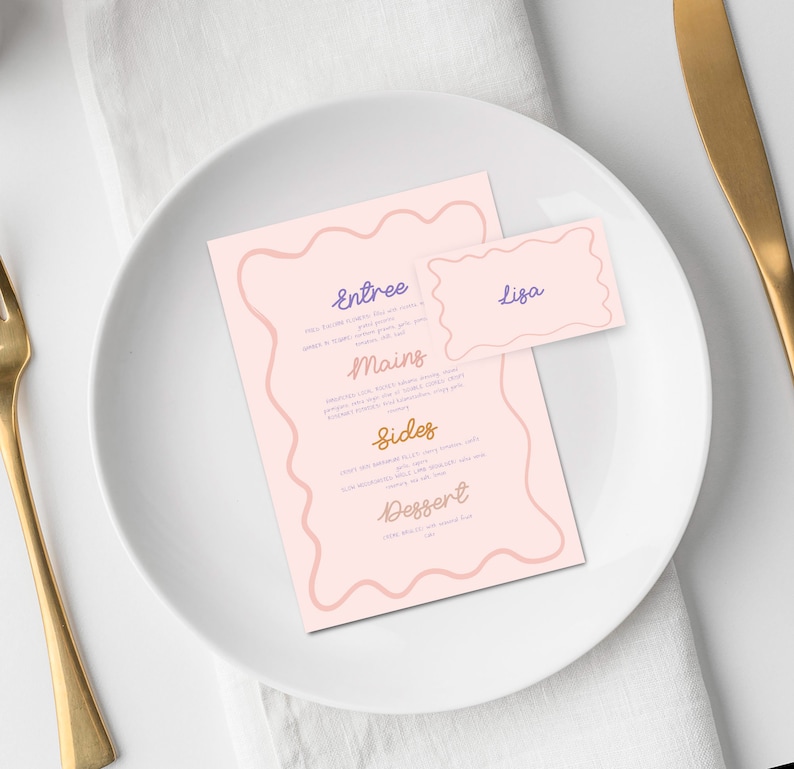 Colourful wave design editable menu with matching placecards Bridal Shower Menu and Place card Instant download image 1
