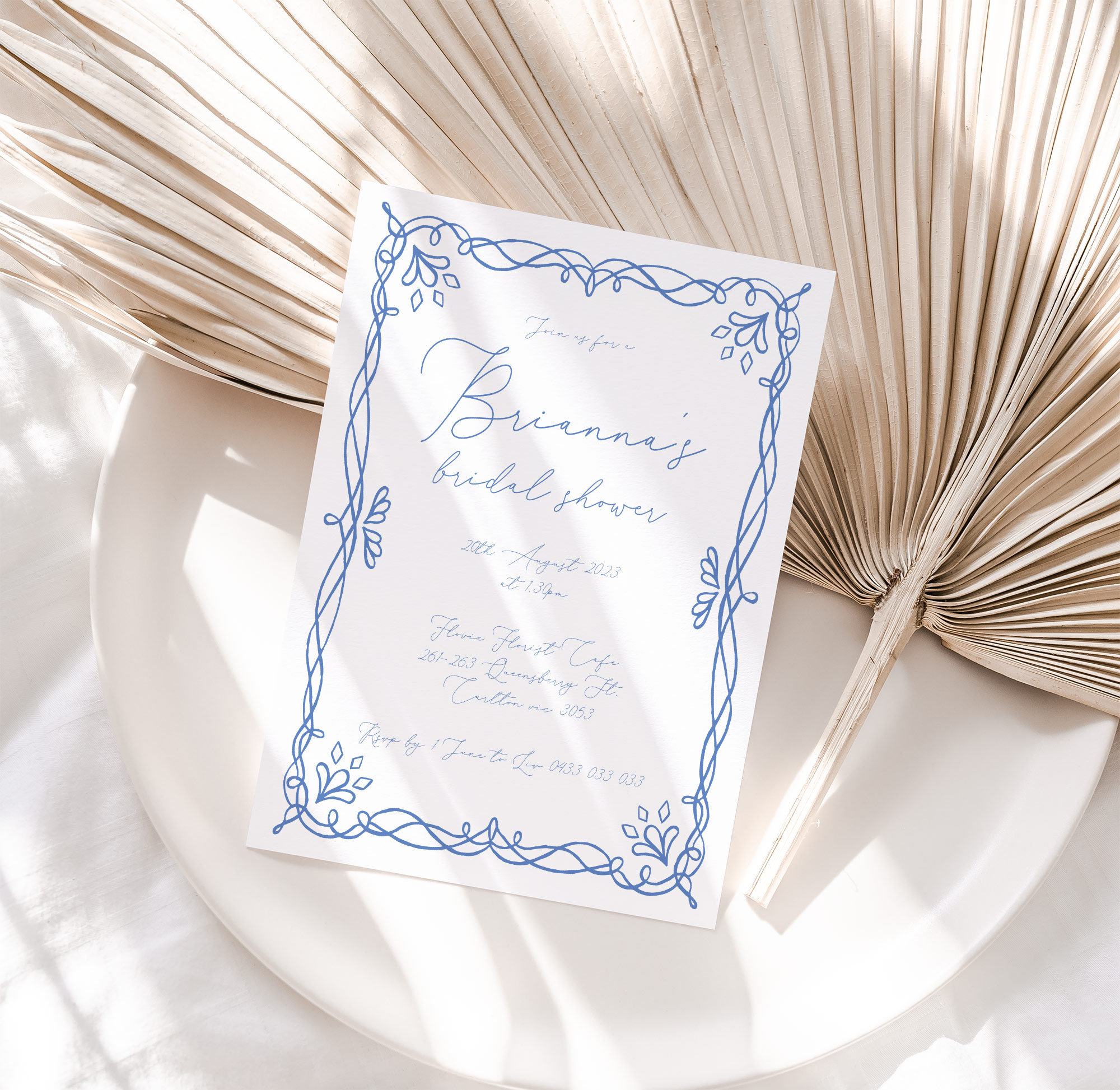Bridal Shower invitation with hand-drawn border | Blue Fun Bridal shower invitation | Kitchen Tea Invitation | Printable template