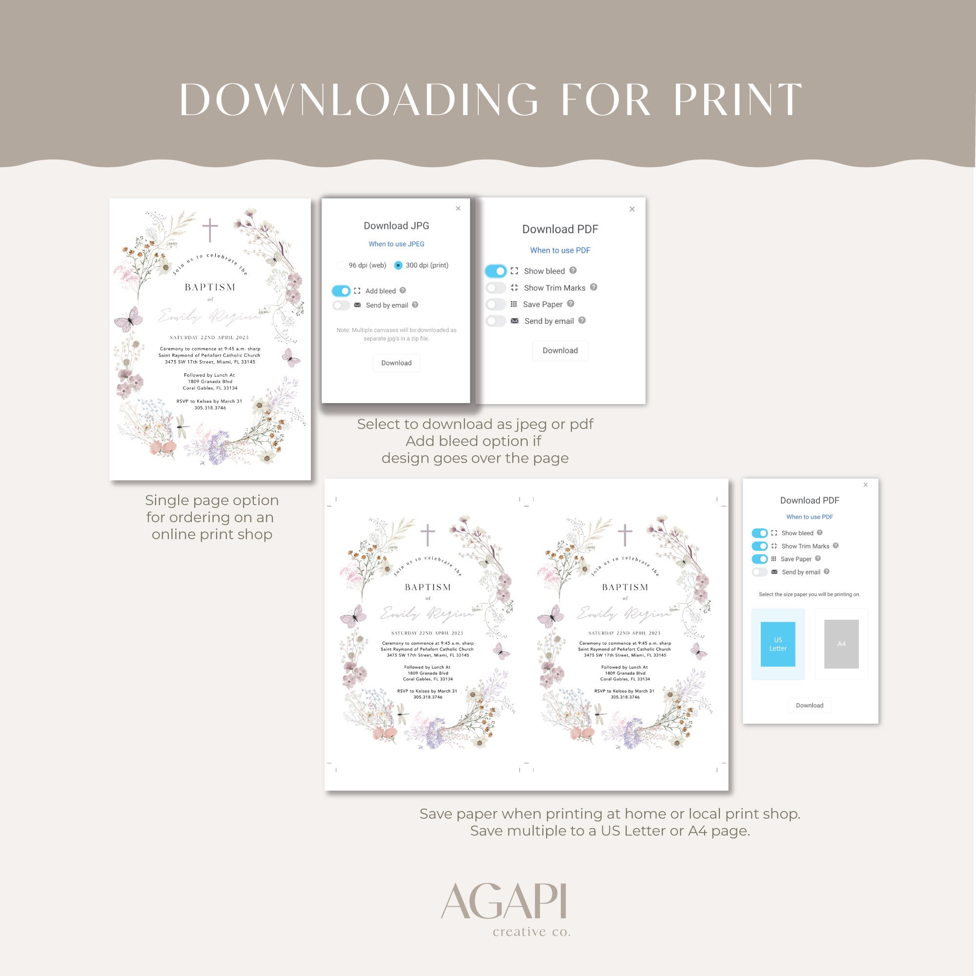 Wild Flower Girls Christening Baptism Stationery Bundle | Baptism