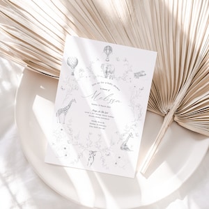 Toile De Jouy Safari Grey Baby Shower Invitation| Baby Shower Invitations| Printable Invitations