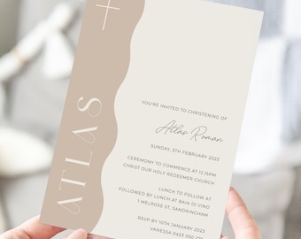 Modern side wave Christening Invitation | Printable Baptism invitation | Neutral colour Christening invite