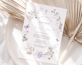 May include: A floral baptism invitation with a cross, butterflies, and the text "Join us to celebrate the Baptism of [name]" and details of the ceremony and reception.