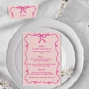 Menú editable con lazo rosa y cinta con tarjetas a juego / Menú de despedida de soltera y tarjeta de presentación / Plantilla