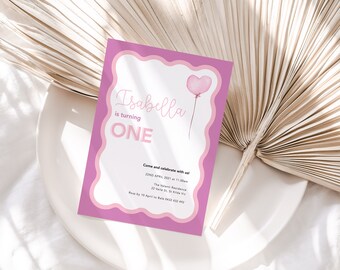 Wave Pink and Lilac First Birthday Invitation | Girls Birthday | Printable Invitations | Modern