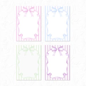 May include: Four printable gift tags with striped backgrounds and pastel colored bows. Each tag has a blank space for writing a message.