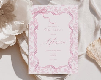 Pink bow and ribbon editable menu| Baby Shower Menu | Vintage Rose garden pattern | Editable Template