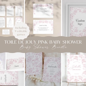 Baby Shower Toile de Jouy floral y osito Papelería rosa / Rifa de pañales / Bebidas / Libro para bebé / Cartel de bienvenida / Plantilla editable