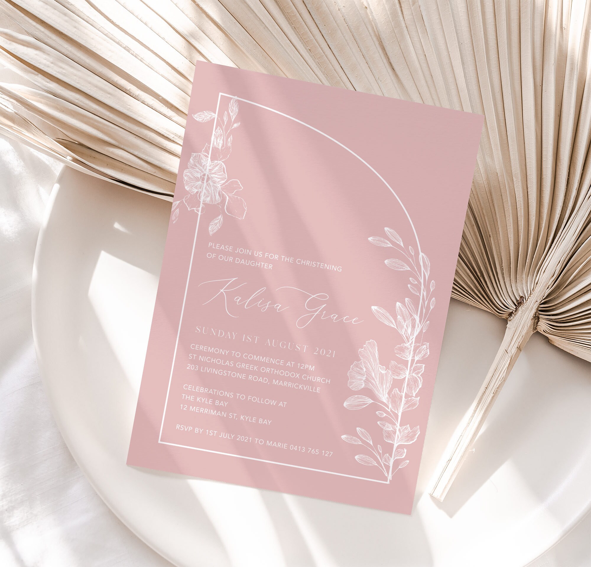 Wild Floral Semi Arch Christening Invitation | Girls Baptism Invitation | Elegant Modern Invitation