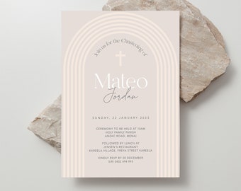 Neutral Boho Rainbow Christening Invitation | Boys or Girls Invitation | Baptism Invitation | Baptizm Invites
