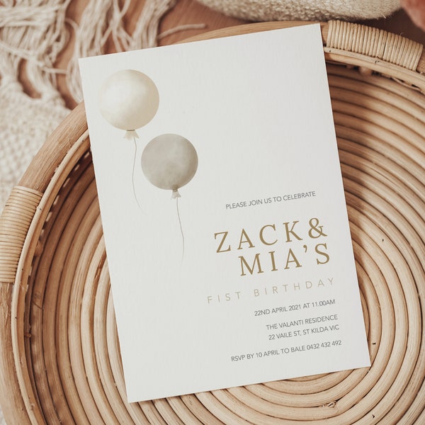 Modern neutral Balloon theme birthday invitation for twins or for a combined birthday