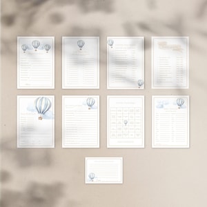 Lascia che l'avventura abbia inizio Pacchetto di giochi per baby shower in mongolfiera / Set di 8 giochi più bonus Consigli per i nuovi genitori