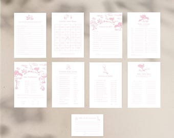 Paquete de juego para baby shower de Winnie the Pooh en color rosa / Juego de 8 juegos más consejos adicionales para nuevos padres