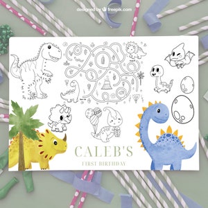 Boys First Birthday Dinosaur activity placemat| Edit yourself | Coloring party mat | Printable placemat