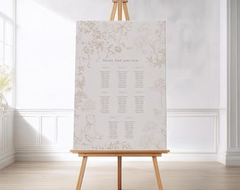 Plano de asientos para baby shower en beige con diseño de jardín de flores Toile de Jouy / Fondo con flores azules, oso y lazo / Plantilla imprimible