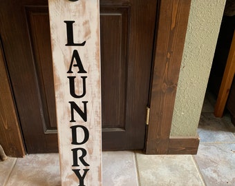 LAUNDRY Sign With Hanging Pole, WHITE DISTRESSED, Farmhouse Style, Rustic Functional Decor, Matte Black Hardware