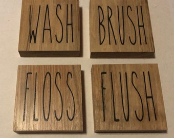 Wash Brush Floss Flush 4 in. x 4 in. set of 4 signs in Natural finish, Bathroom signs, Bathroom decor, house warming gift, kids bath decor