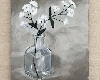 8 x 10” white flowers in square glass jar