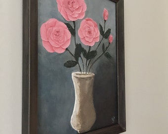 Pink Roses in Vase, Impasto Acrylic painting on Wood Board