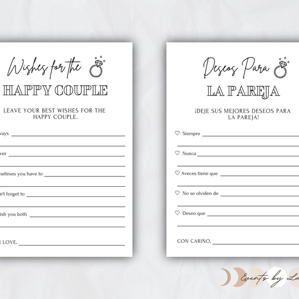 English & Spanish Wedding Games - Wishes for the Couple / Deseos Para La Pareja - INSTANT DOWNLOAD