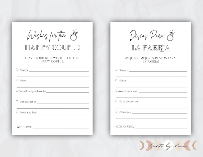 May include: Two printable wedding guest book pages with a ring and heart icon. The left page is in English and says "Wishes for the Happy Couple" and the right page is in Spanish and says "Deseos Para La Pareja".