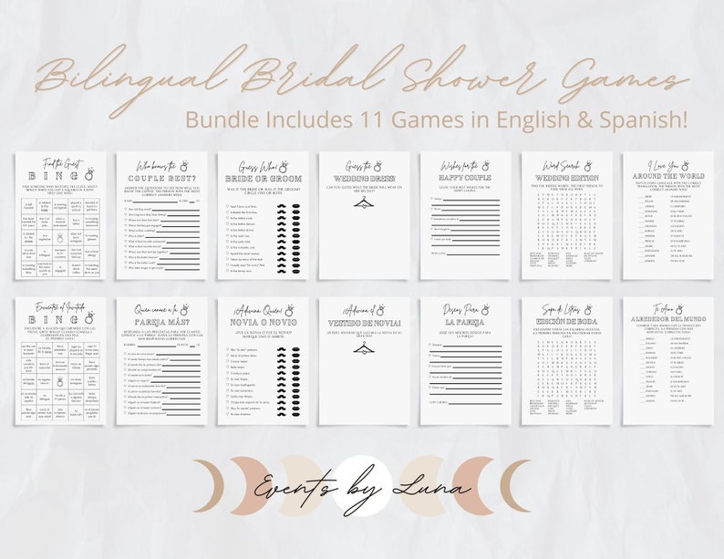 Pu&ograve; includere: Un set di 11 giochi di addio al nubilato stampabili in inglese e spagnolo. I giochi includono bingo, coppia migliore, indovina chi, abito da sposa, coppia felice, ricerca di parole, ti amo in giro per il mondo, e altro ancora.