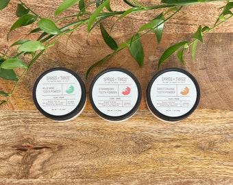 Polvo dental remineralizante sin arcilla Sprigs and Twigs para adultos y niños: elige tu sabor.