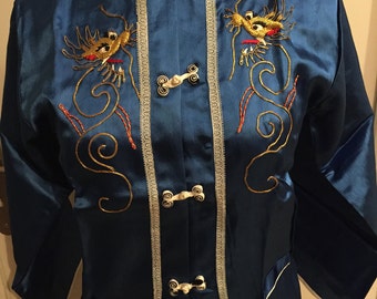 Kimono box in blue satin embroidered dragon