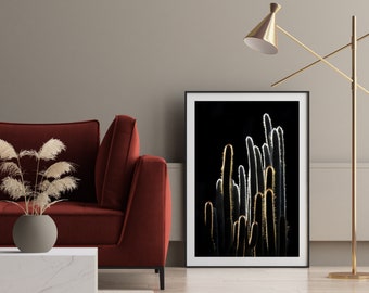 Silhueta de tocha de prata, fotografia de belas artes, arte de cacto, botânico moderno, arte contemporânea, fotografia, preto, humor, cactos, arte de parede escura