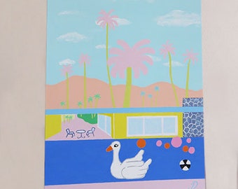 Legal para o verão, arte em tela ORIGINAL, arte em Palm Springs, ao lado da piscina, arte do cisne, arte pop, casa de meados do século, arquitetura, arte ousada, 30x40cm.