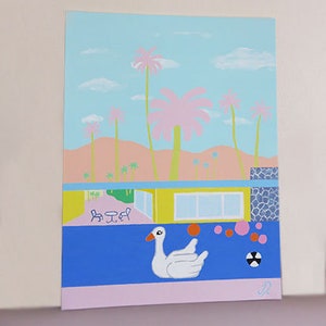 Cool pour l'été, ORIGINAL Canvas Art, Palm Springs Art, Pool Side, Swan Art, Pop Art, Mid Century Home, Architecture, Bold Art, 30x40cm.