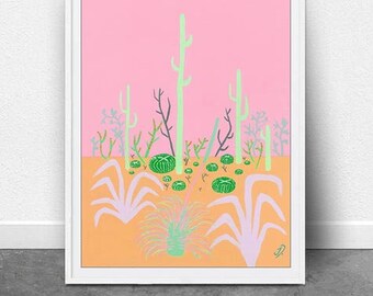 Pôr do Sol com Cactos, ARQUIVO DE ARTE DIGITAL, Download Digital, Arte para Imprimir, Palm Springs, Arte Pop, Impressão de Cactos, Arte de Meados do Século, Arte de Parede, Arte da Natureza