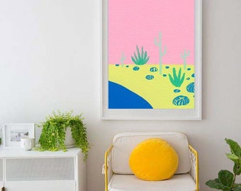 Sunset Cactus, DIGITAL DOWNLOAD, Printable Art, Poster, Cactus Art, Pastels, Pink, Green,Cactus Garden, Pop Art, Botanical, Nature,Flora Art