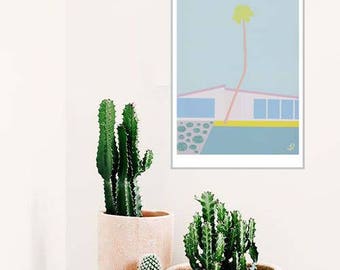 Palm Springs Home, A3 fine art PRINT, Mid Century Art,Home Decor, Wall Art,Palm Springs Art,Pastel Blue, Architecture,Palm Tree Art, Pop Art