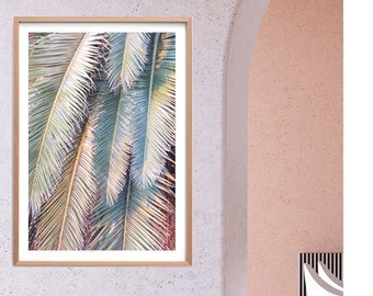 Palmeira do pôr do sol, impressão artística, impressão fotográfica de folha de palmeira, arte de parede emoldurada, arte de parede tropical, impressão de folha, arte de palmeira, arte fotográfica com textura, arte.