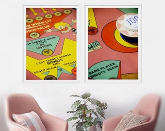 May include: Two vintage pinball machine game boards with colourful graphics and text. The left board has a yellow and green background with the text "Last Target Scores Bonus and Shoot Again or Special". The right board has a pink background with the text "Same Player Shoots Again".