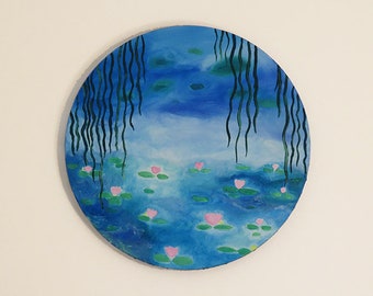 Water Lilies Blue, Original Circle Canvas Art, Monet Inspired Art, Nature Wall Art, Original Acrylic Painting, Pastel Wall Art, New Art