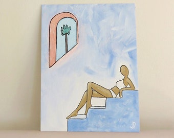 Santorini, pintura em tela original, arte de Santorini, arte de praia, arte costeira, arte de viagem, arte grega, arte de parede, arte náutica, arte de natação.