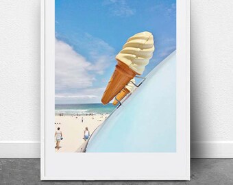 Azul Sorvete, Impressão Artística A3, Arte de Parede, Pôster, Fotografia de Praia, Impressão Retro, Arte Kitsch, Praia de Bondi, Impressão Artística de Verão, Arte Costeira