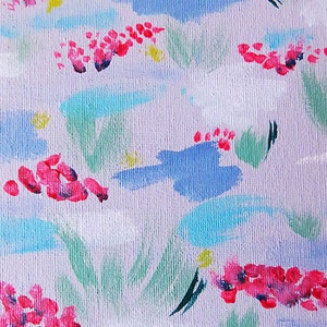 May include: Abstract painting with a white background and a variety of colours, including pink, blue, green, and yellow. The painting features a floral pattern with brushstrokes that create a textured effect.