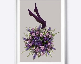Impresión digital de flores moradas, arte de flores moradas, arte de pared botánico, collage de fotos, regalo para ella, impresión vintage de flores moradas, estampado botánico de piernas moradas