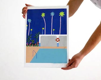 Cabana de piscina, impressão de belas artes A3, Palm Springs, impressão artística, arte de parede, arte pop, arte ousada, arte de verão, arte de piscina, decoração de casa, palmeiras