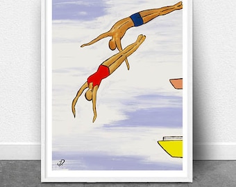 May include: A digital painting of two people diving into a pool. The person on top is wearing blue swim trunks and the person on the bottom is wearing a red swimsuit. The background is a light blue with white clouds.